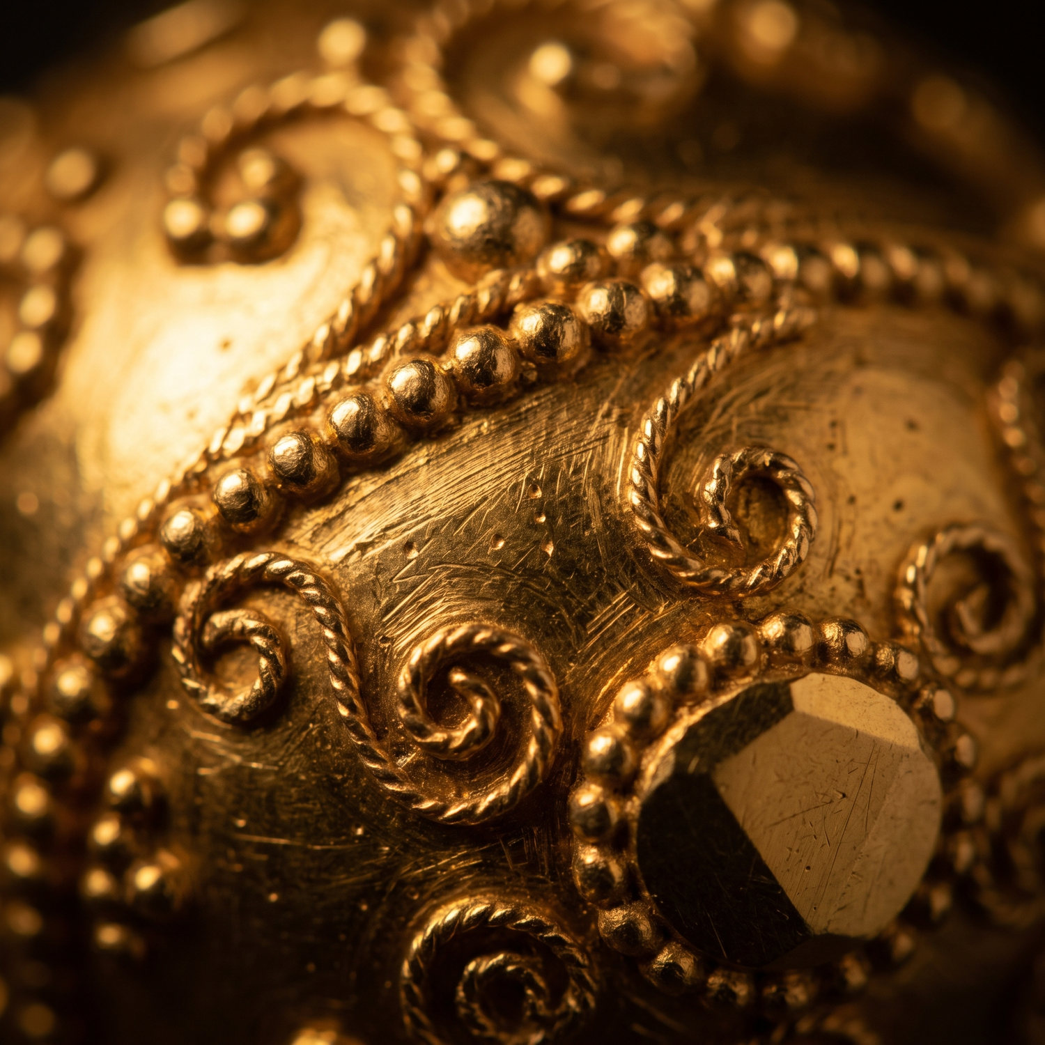 Macro of hand-worked 22 carat gold: granulation, twisted wire scrollwork and a polished facet